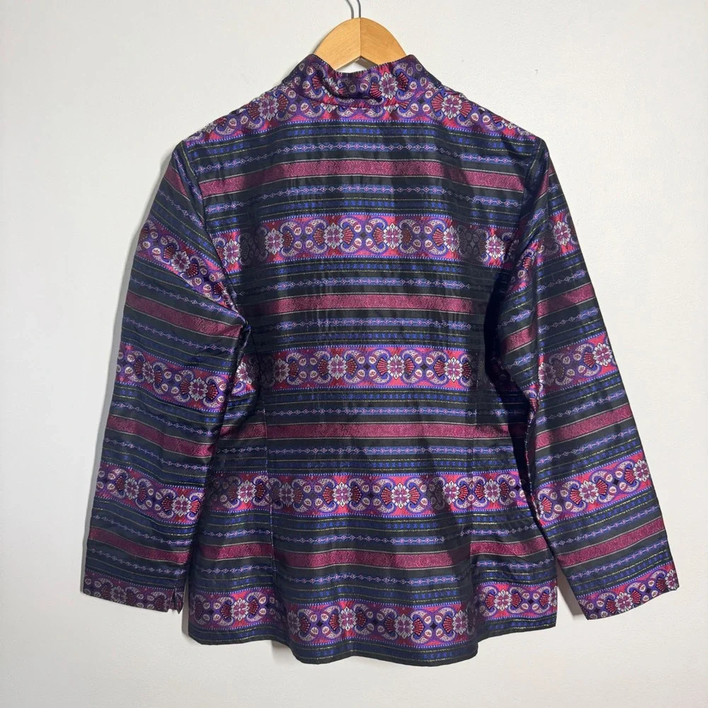 Talbots Silk Metallic Paisley Stripe Mandarin Collar Jacket Blue Purple Women 12